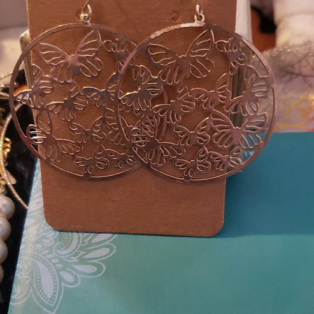Gold Plated Butterfly Carved Pierced Dangling Earrings Statement Jewelry